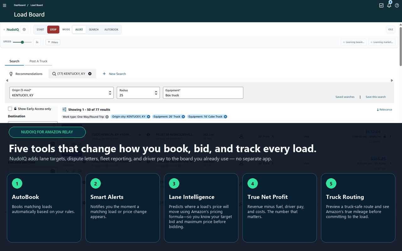 NudoIQ toolbar and feature overview inside the Amazon Relay load board