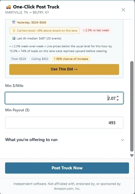 The NudoIQ One-Click Post Truck modal showing origin, destination, distance, board price, minimum rate per mile and minimum payout