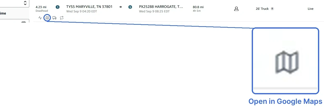 The NudoIQ map icon ringed on an Amazon Relay load row, magnified alongside, with the label Open in Google Maps