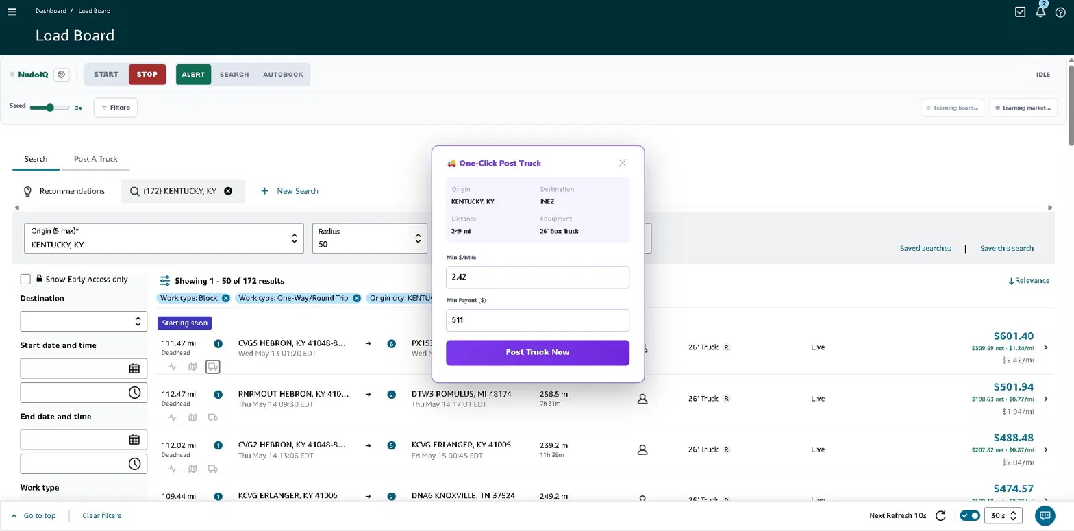 One-Click Post Truck modal on Amazon Relay Load Board